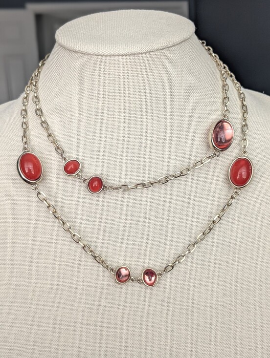 None Jewelry - Silver Tone Watermelon Glass Station Necklace – 36” Long Vintage Style
